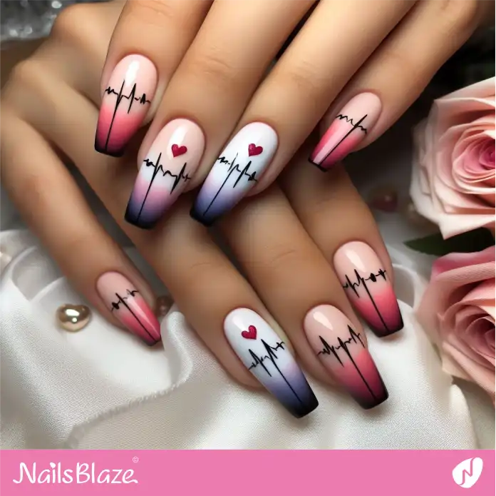Pink and Purple Ombre Nails with Heart Beat Design | Valentine Nails - NB2380